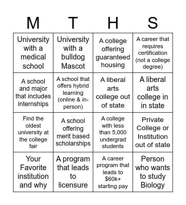 College Fair Bingo Card