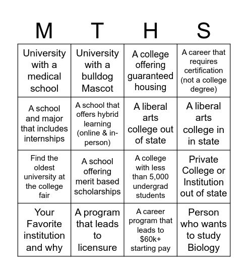College Fair Bingo Card