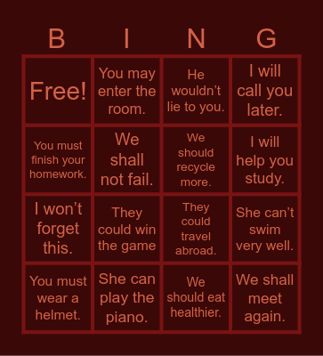 modal verbs Bingo Card