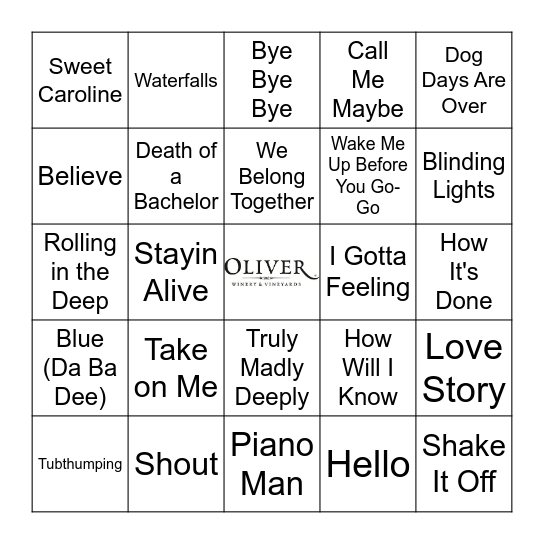 Songs to Sing Along To Expanded Bingo Card