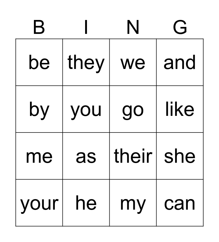 Kindergarten Eye Words (Unit 10) Bingo Card