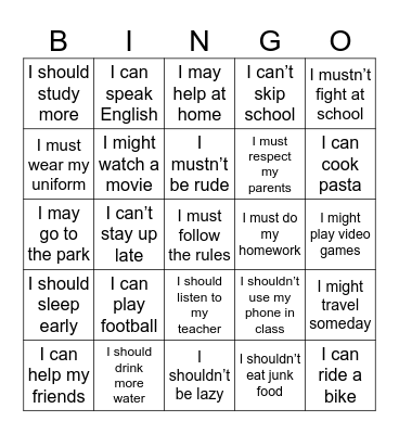 MODAL VERBS VIRTUAL BINGO Card