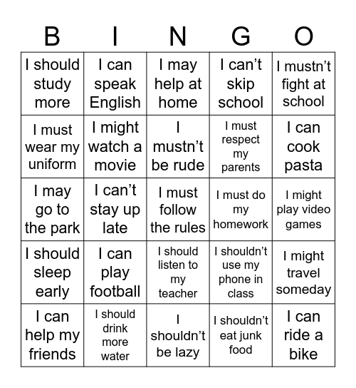 MODAL VERBS VIRTUAL BINGO Card