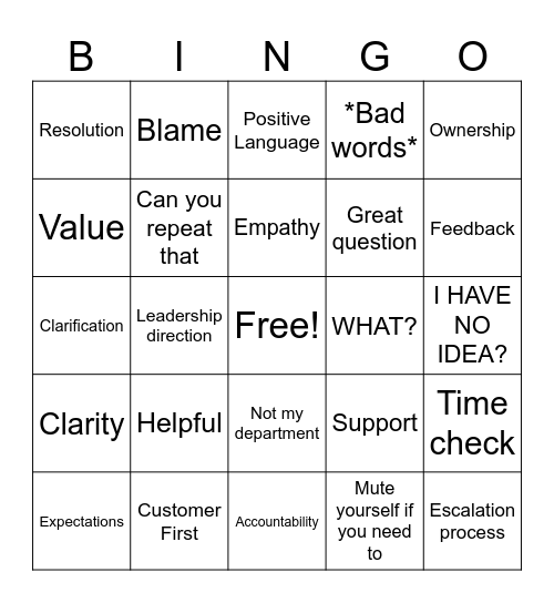 CUSTOMER SERVICE Bingo Card