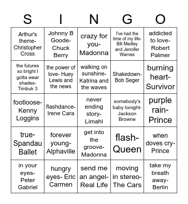 80's movie songs Bingo Card
