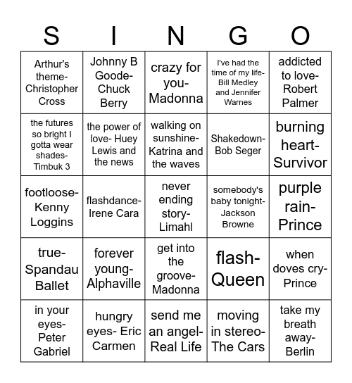 80's movie songs Bingo Card
