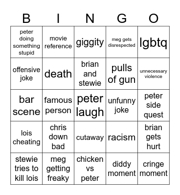 Family Guy Bingo Card