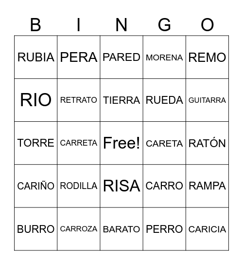 PALABRAS CON R Y RR Bingo Card