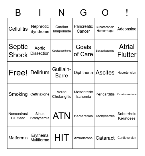 Medical Bingo Card