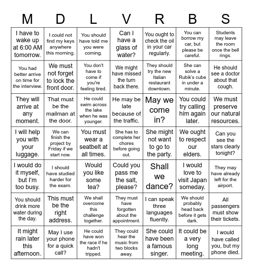 Modal Verbs Bingo Card