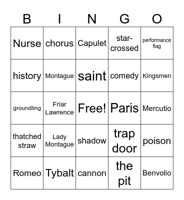 Romeo and Juliet Bingo Card