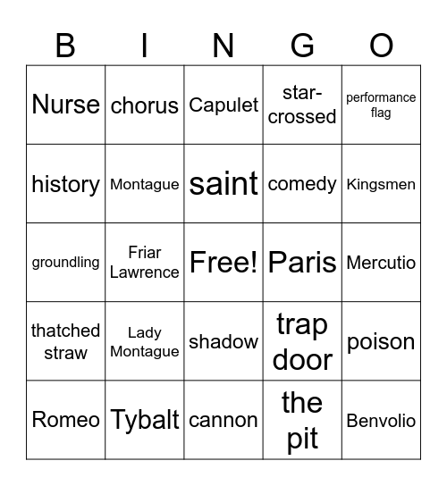 Romeo and Juliet Bingo Card
