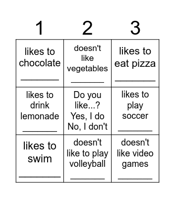 Do you like...? Yes, I do - No, I don't Bingo Card