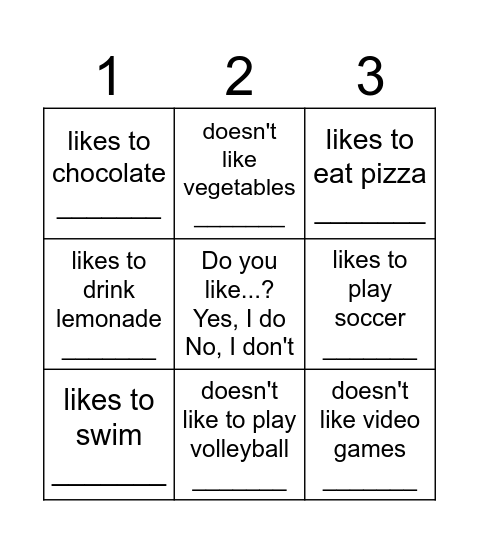 Do you like...? Yes, I do - No, I don't Bingo Card