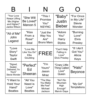 Valentine's Day Musical Bingo Card