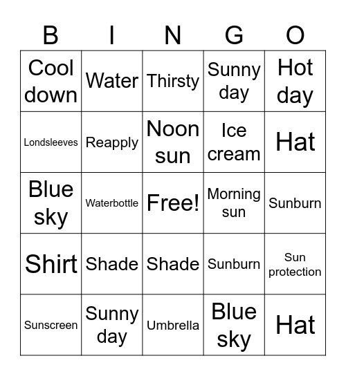 Sun Safety Bingo Card