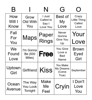 "Feel the Love" Music Bingo Card
