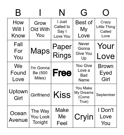 "Feel the Love" Music Bingo Card