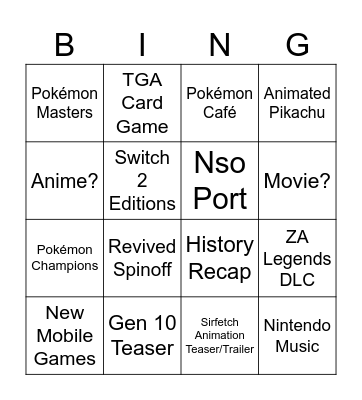 Pokémon Day Direct Bingo Card