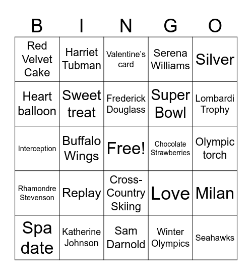 February Themes Bingo Card