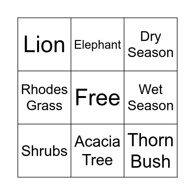 Savanna Animal Bingo Card