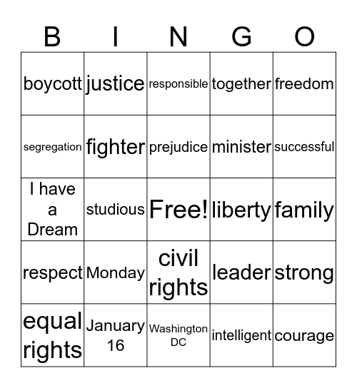 Martin Luther King Jr Bingo Card