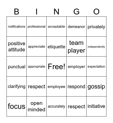 GES Employer Expectations Bingo Card