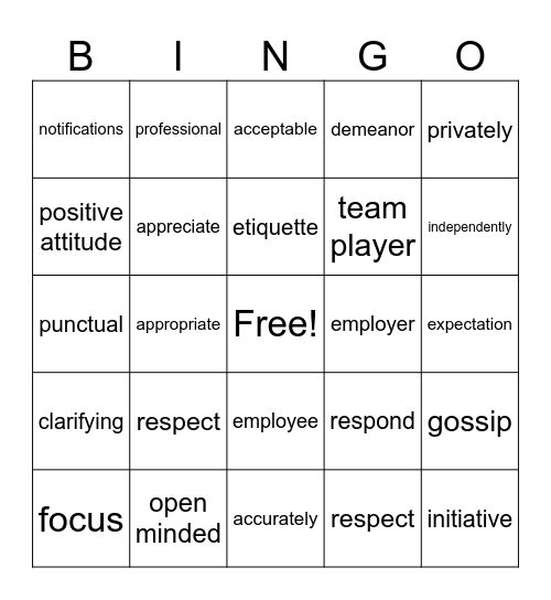 GES Employer Expectations Bingo Card