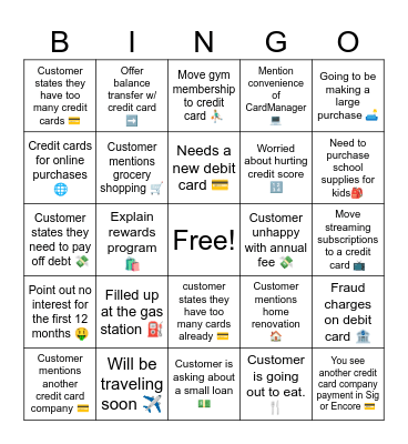 Credit Card Conversation Bingo Card