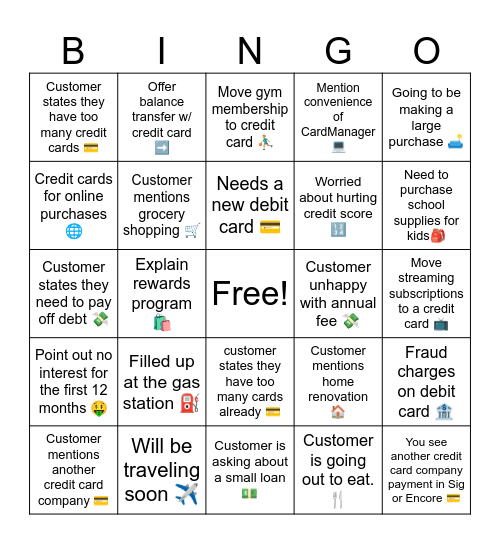 Credit Card Conversation Bingo Card