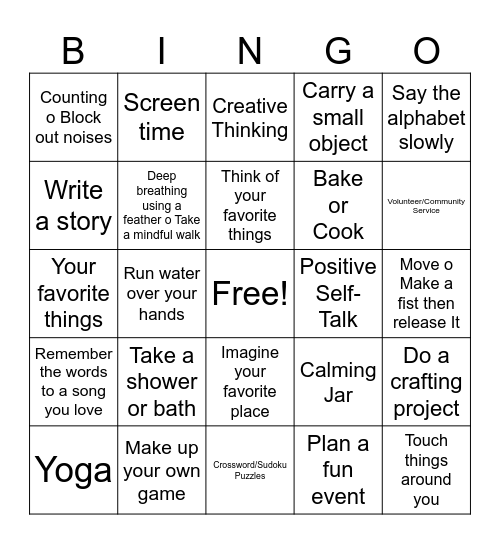 Mental Health Bingo Card
