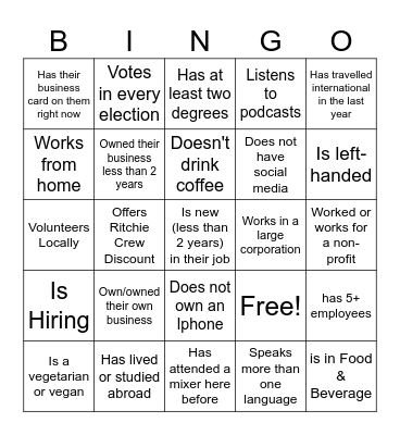 BPN Networking Mixer Bingo Card