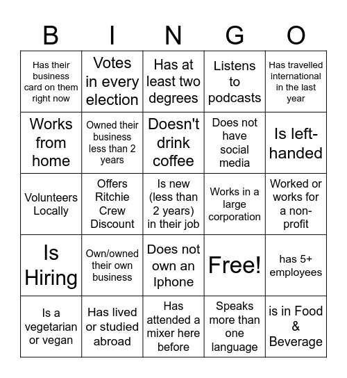 BPN Networking Mixer Bingo Card