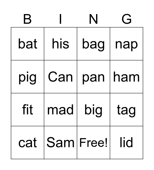 Short a/i Bingo Card