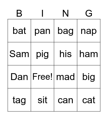 Short a/i Bingo Card