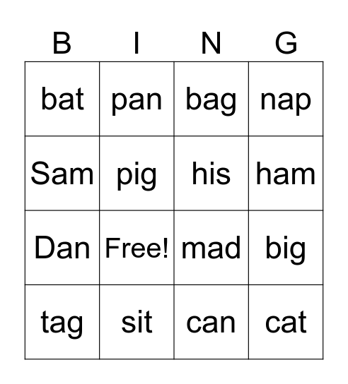 Short a/i Bingo Card