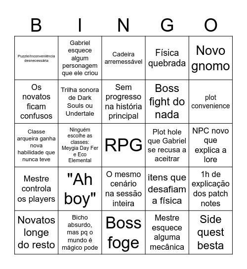 Bingo do RPG de Gabriel Bingo Card