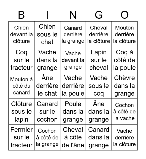 Prépositions françaises 2 Bingo Card