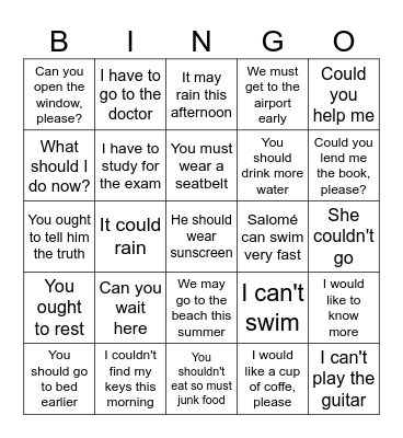 Modal verbs Bingo Card