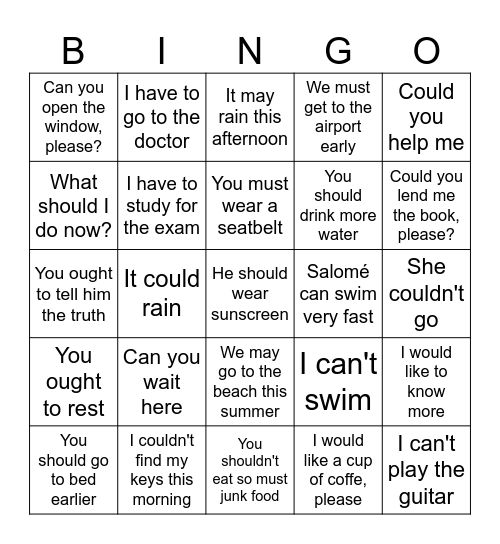 Modal verbs Bingo Card