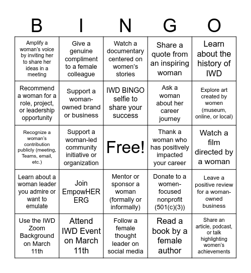 International Women’s Day Bingo Squares Bingo Card