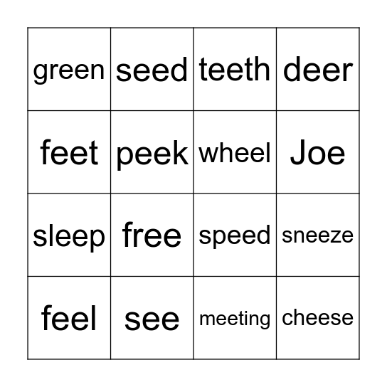 Predictable Vowel Teams oe/ee Bingo Card
