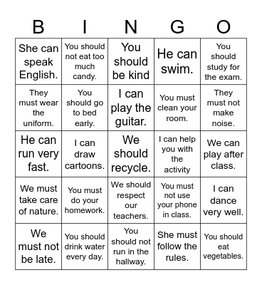 Modal verbs Bingo Card