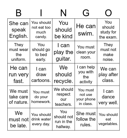 Modal verbs Bingo Card