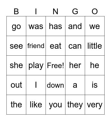 Sight Words Bingo Card
