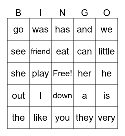 Sight Words Bingo Card