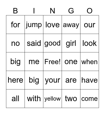 Sight Words 2 Bingo Card