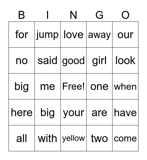 Sight Words 2 Bingo Card