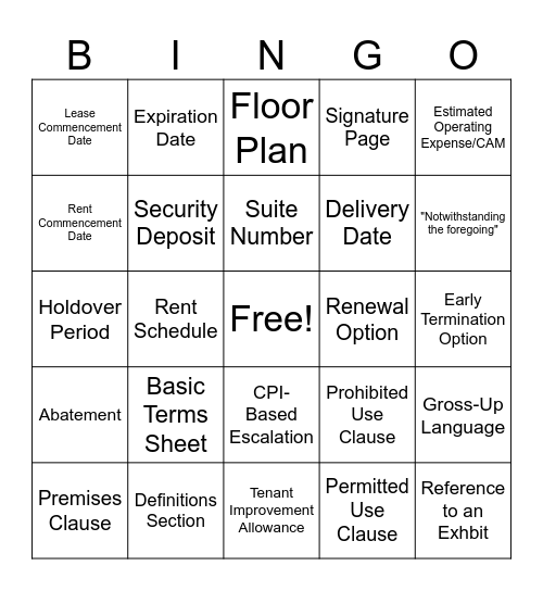 Lease Abstraction Bingo Card