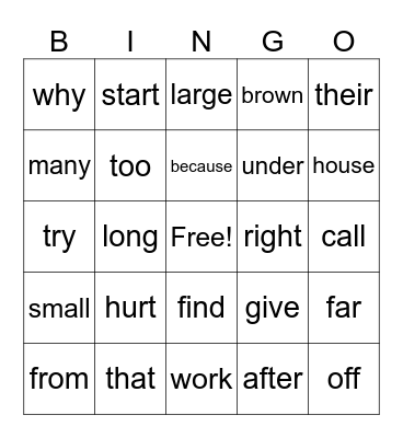 Sight Words 4 Bingo Card